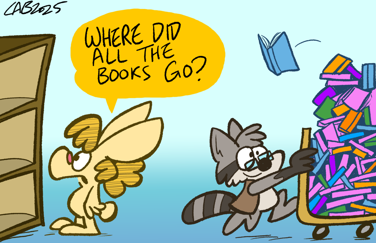 Tilton stealing all the books, by Charles Brubaker